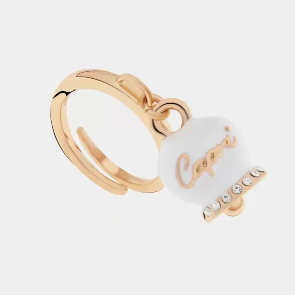 Anello in Metallo con campanella portafortuna pendente impreziosita da smalto bianco e cristalli